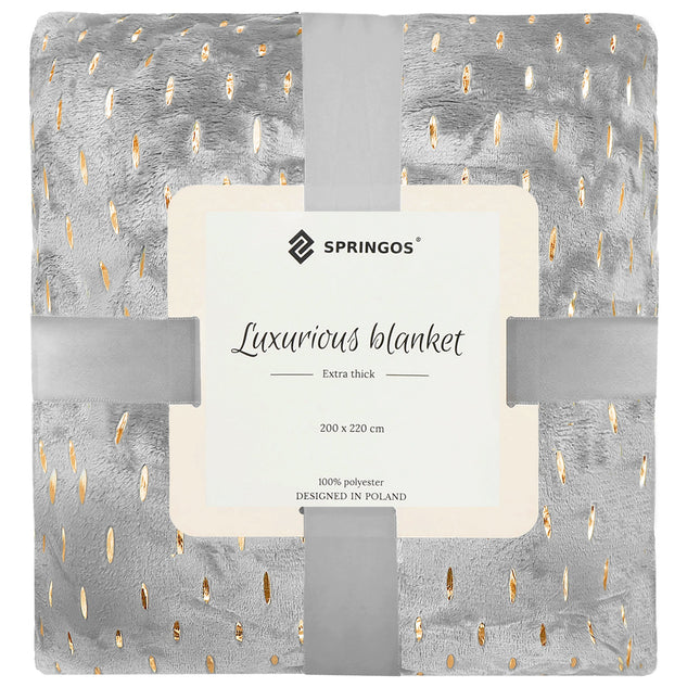 Plaid | Sprei | Deken | 220 x 200 cm | Pluche | Grijs/ Goud