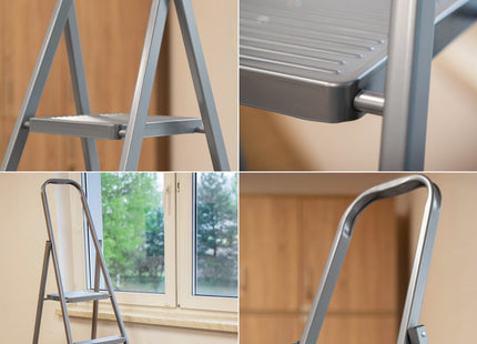 Huishoudtrap - Ladder - Keukentrapje - 5 - Etages - Antislip - Opvouwbaar - Grijs - 150 KG - Grijs