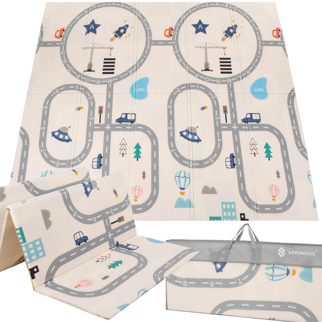 Speelmat | Foam | Opvouwbaar | Voertuigen | Dubbelzijdig | Alfabet | Cijfers | 180 X 200 Cm