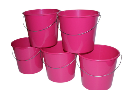 Set van 5 huishoudemmers van 10 liter in de kleur roze, met ijzeren handvat