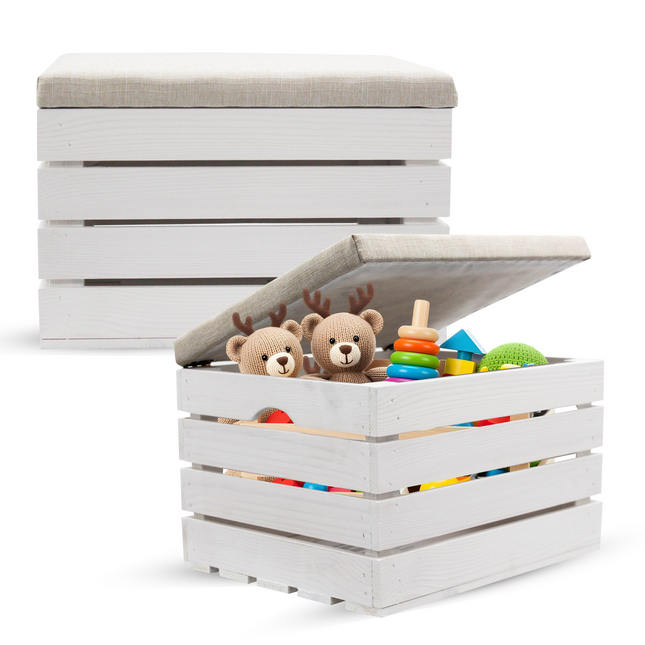 Speelgoedkist - Opbergkist - Zitbank - Schoenbank - Speelgoedbank - Speelgoedopberger - Opbergkoffer - Poef - Wit - Hout - 42 X 50 X 33 Cm