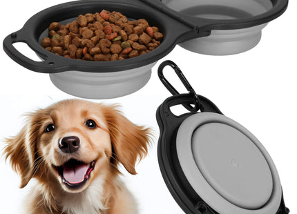 Voerbak - Reiskom - Dubbel - Opvouwbaar - Voer - Water - Grijs/Zwart