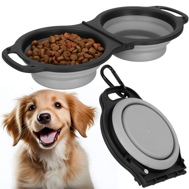 Voerbak - Reiskom - Dubbel - Opvouwbaar - Voer - Water - Grijs/Zwart