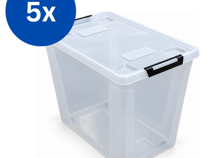 Opbergboxen - 80 Liter - met Deksel en Wieltjes - 5 Stuks - Transparant