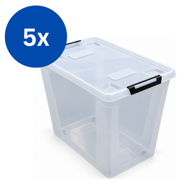 Opbergboxen - 80 Liter - met Deksel en Wieltjes - 5 Stuks - Transparant