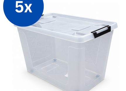 Opbergboxen - 60 Liter - met Deksel en Wieltjes - 5 Stuks - Transparant