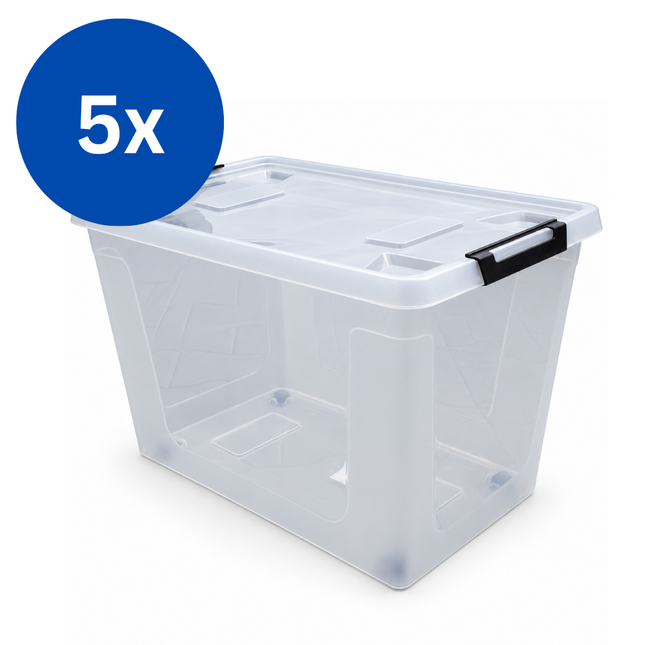 Opbergboxen - 60 Liter - met Deksel en Wieltjes - 5 Stuks - Transparant