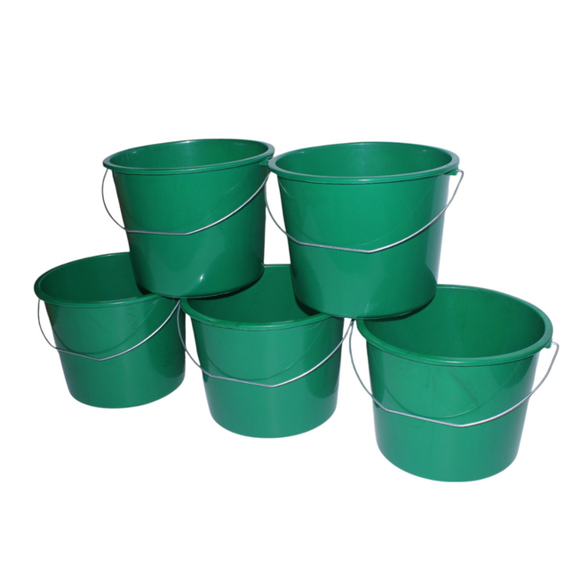 Set van 5 huishoudemmers van 10 liter in de kleur donkergroen, met ijzeren handvat