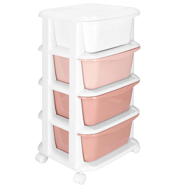 Ladekast | Ladesysteem | Speelgoedkist | Ladeblok | Opbergkast | Met 4 Laden | Op Wielen | Kunststof | Roze | Wit