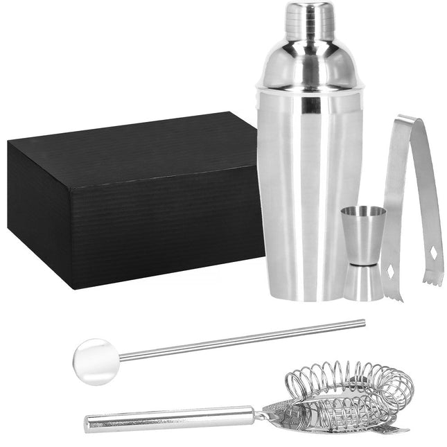 Cocktail Set | 5-Delige Cocktail Shaker Set | RVS | 750 ml | Giftbox | Zilverkleurig