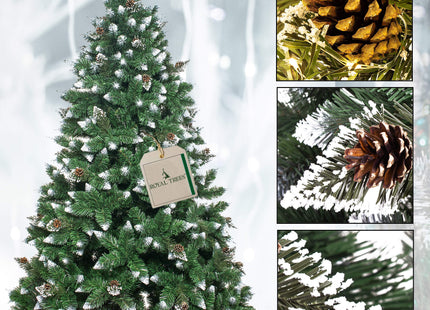 Kunstkerstboom | Premium Royal | Sneeuw | Dennenappels | 150 cm | Zonder Verlichting | Houten Standaard