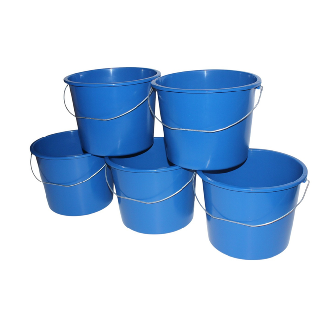 Set van 5 huishoudemmers van 10 liter in de kleur donkerblauw, met ijzeren handvat