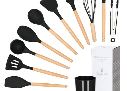 Kookgerei Set | 12 Delig | Keukengerei Siliconen Set | Bamboe/Siliconen | Zwart