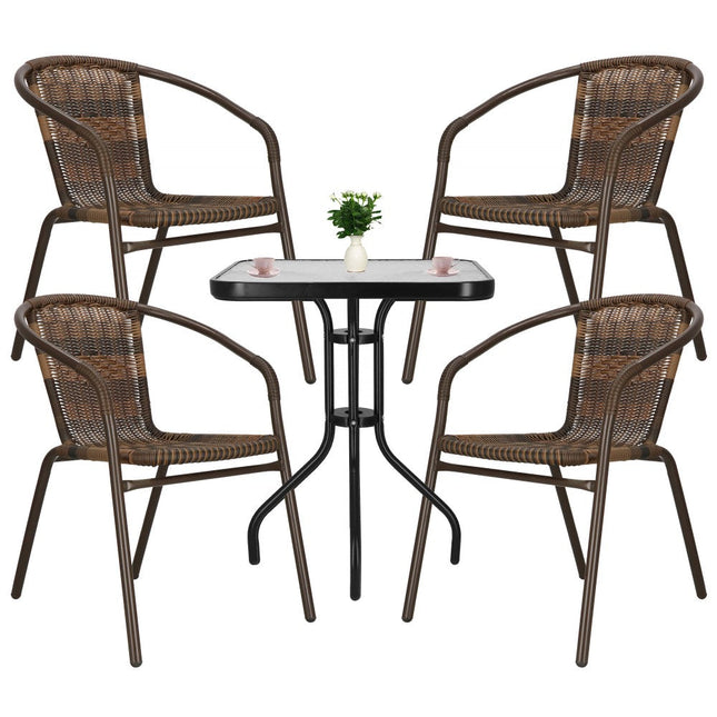 Tuinset | Balkonset | Bistroset | 3-Delig | Tafel + 4 Stoelen | Zwart/Bruintinten