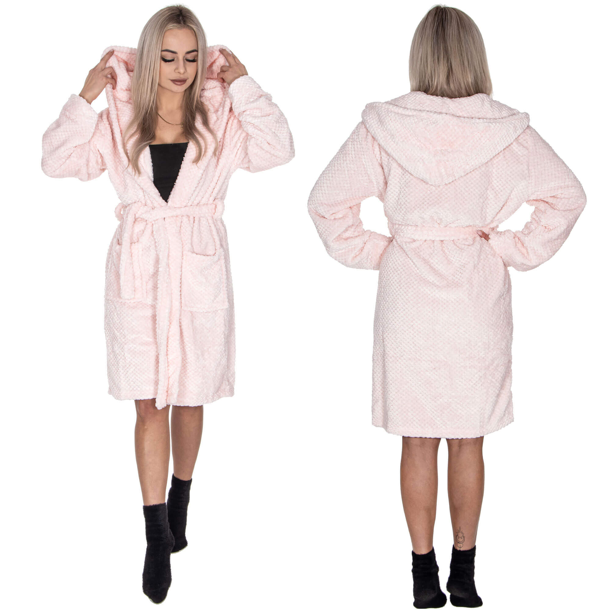 Badjas - Fleece - Roze - Capuchon - Riem - Maat L/XL