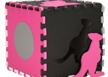 Speelmat | Speelmat Foam | Puzzelmat | Figuren | 9 Puzzelstukken | 120 x 120 cm | Roze/Grijs/Zwart/Wit
