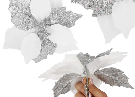 Kunstbloem Met Clip- Poinsettiatak - Ster van Bethlehem - Wit/Zilver - Glitters