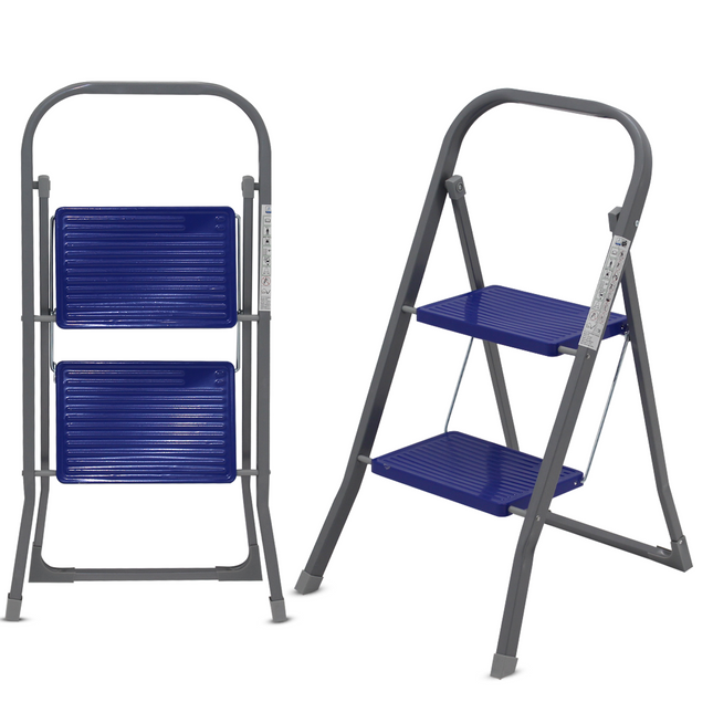Huishoudtrap 2 treden - Keukentrap Inklapbaar - TÜV/GS - Blauw - Antislip - Max. hoogte 47 cm