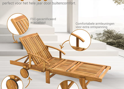 Houten Ligstoel - Ligbed -  Op Wielen -  Verstelbaar - Weersbestendig  - Uitschuiftafel - 193 x 70 x 30 Cm
