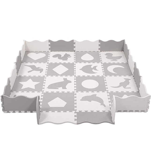 Speelmat | Speelmat Foam | Puzzelmat | Figuren | Dieren | 16 Puzzelstukken | Crème/Grijs  | 150 x 150 cm