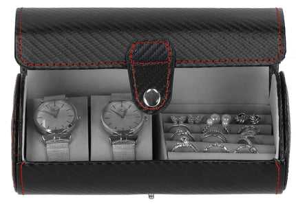 Horlogedoos - Horlogebox - Sieraden - Carbon -  Zwart  - 2 Horloges