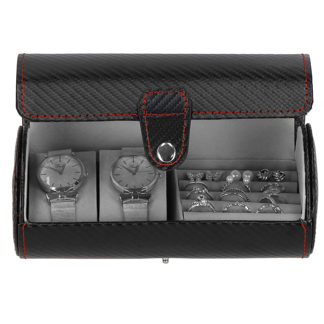 Horlogedoos - Horlogebox - Sieraden - Carbon -  Zwart  - 2 Horloges