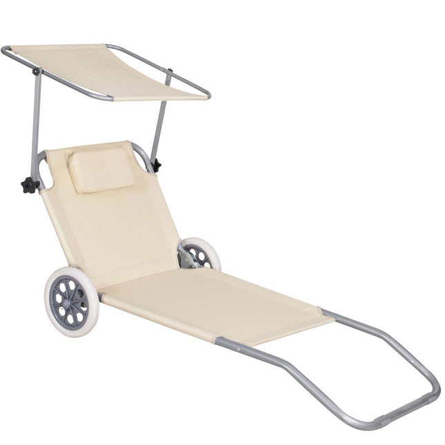 Ligbed | Ligstoel | Strandstoel | Zonnebed | Verrijdbaar | Inclusief Luifel | Beige