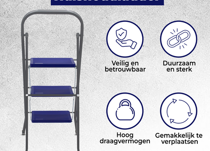 Huishoudtrap 3 treden - Keukentrap Inklapbaar - TÜV/GS - Blauw - Antislip - Max. hoogte 105 - 150 kg