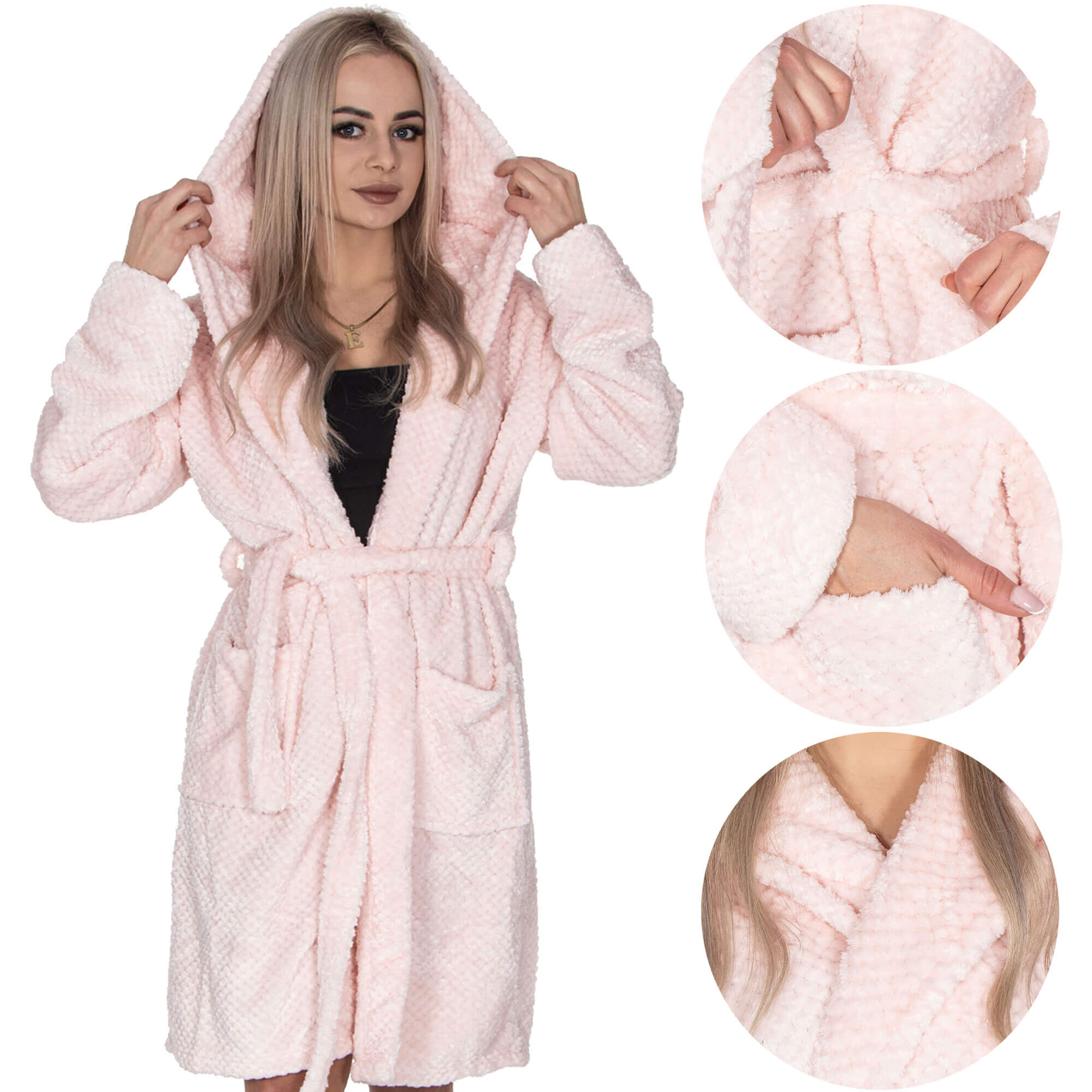 Badjas - Fleece - Roze - Capuchon - Riem - Maat L/XL