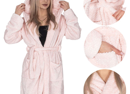 Badjas - Fleece - Roze - Capuchon - Riem - Maat L/XL