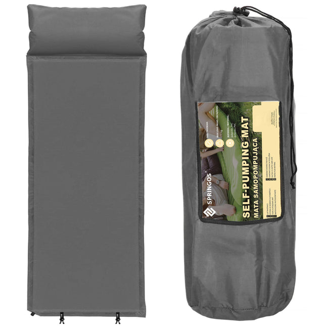 Slaapmat - Zelfopblazend -186 cm - Inclusief Hoes & Hoofdkussen - Antraciet