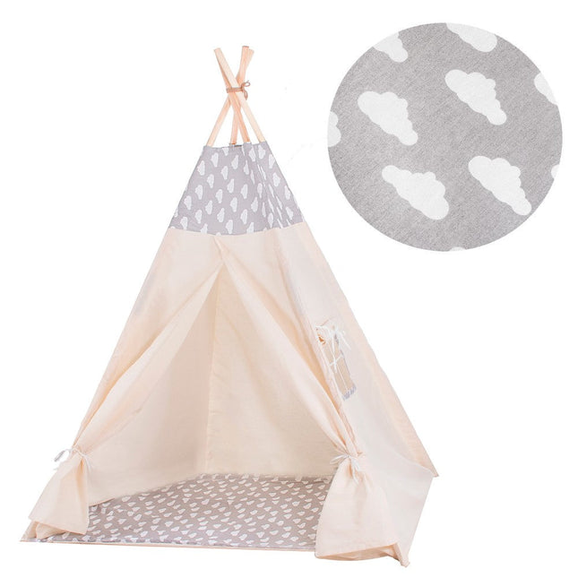 Tipi Tent | Wigwam Speeltent | 120x100x180 cm | Met Mat en Kussens | Naturel Grijs | Wolken
