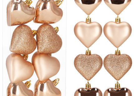 Kerstballen | Rose Goud | Hartjes | 8 Stuks | 7 Cm