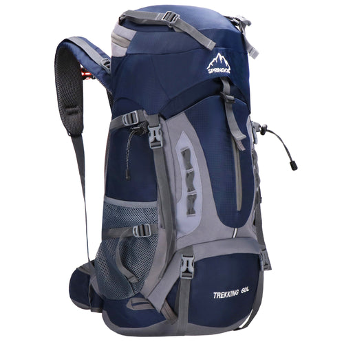 Grijsblauwe backpack van 60 liter met regenhoes