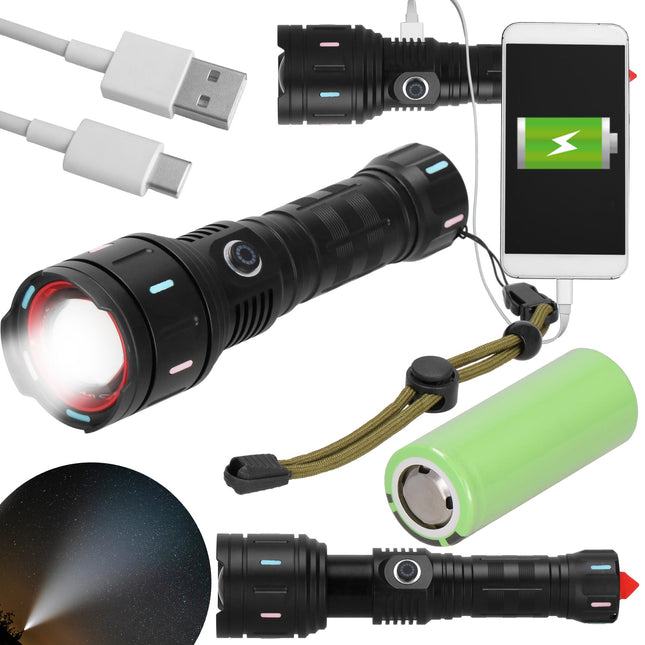 Zaklamp - Militair - Zoom - LED - Oplaadbaar - Zwart.