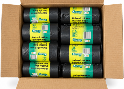 Cleany Vuilniszakken 90 Liter – 28 Rollen van 15 Zakken – 60 x 90 cm – Zwart – 420 Stuks – Grootverpakking