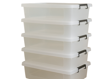 Set 5 Transparante Opbergboxen 12L – Stapelbaar Met Deksel - Clipbox - Opbergdoos