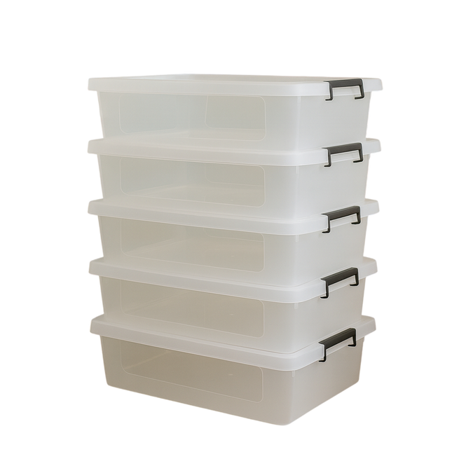 Set 5 Transparante Opbergboxen 12L – Stapelbaar Met Deksel - Clipbox - Opbergdoos