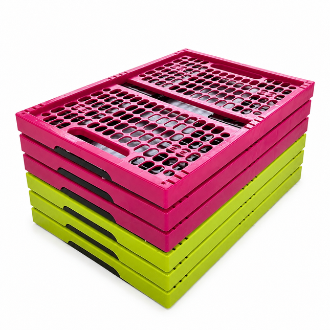 Set van 6 Vouwkratten 32 Liter – Stapelbaar en Inklapbaar - Boodschappenkrat - Groen & Roze (3+3)