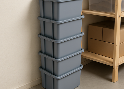 Set 5 Grijze Opbergboxen – Stapelbaar – 32 Liter Inhoud - Opslagdoos - Stapelbakken