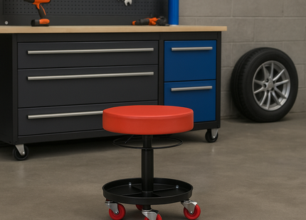 Werkplaats krukje - Verstelbaar - 5 Wielen - Rood - Ø 37 cm