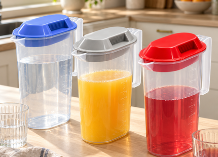 Maatkannen 2 Liter – Set van 3 stuks – Rood, Blauw en Grijs - Maatbeker met deksel en handgreep