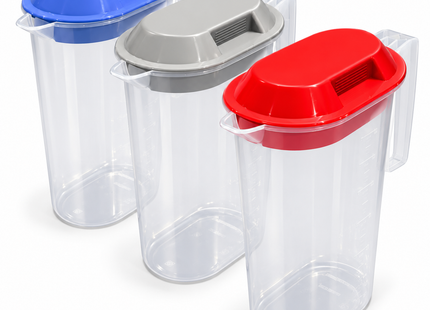 Maatkannen 2 Liter – Set van 3 stuks – Rood, Blauw en Grijs - Maatbeker met deksel en handgreep