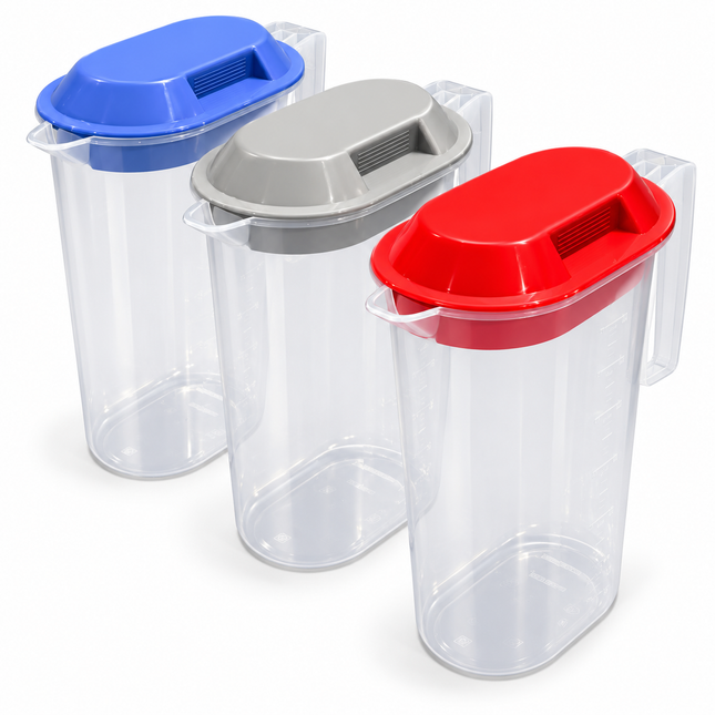 Maatkannen 2 Liter – Set van 3 stuks – Rood, Blauw en Grijs - Maatbeker met deksel en handgreep