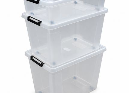 Opbergboxen met Deksel en Wieltjes – Transparant en Stapelbaar – 30, 60 en 80 Liter – Set van 3