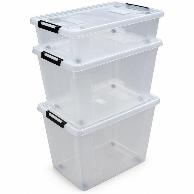 Opbergboxen met Deksel en Wieltjes – Transparant en Stapelbaar – 30, 60 en 80 Liter – Set van 3