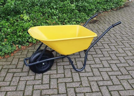 Kunststof Kruiwagen Gele Bak – 85 liter – Luchtband of Anti-Lek Wiel