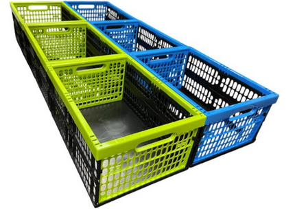Set van 6 Vouwkratten 32 Liter – Stapelbaar en Inklapbaar - Boodschappenkrat - Groen en Blauw