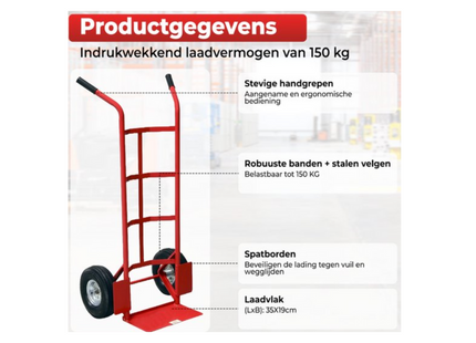 Steekwagen - Staal - 150 KG Draagvermogen - Transportwagen - Plateauwagen - Steekkar - Trolley - Transport - Rood