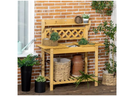 Outsunny Oppottafel - Met Verschuifbaar Werkblad - Hout – 90 x 45 x 120 cm – Met inzetbak van RVS - Geimpregneerd